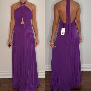 ZARA Purple Halter Backless Pleated Maxi Dress